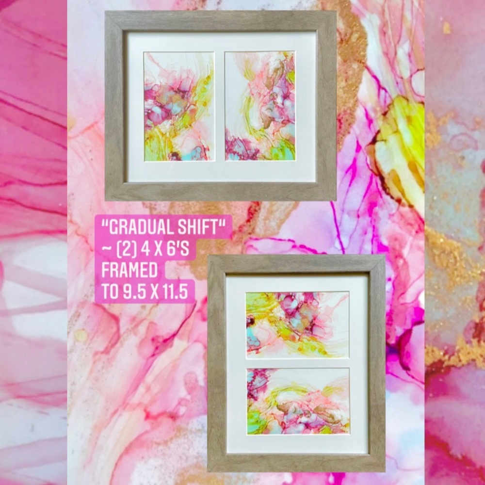 “Gradual Shift” alcohol ink original art 2- 4 x 6s - framed 9.5” x 11.5”